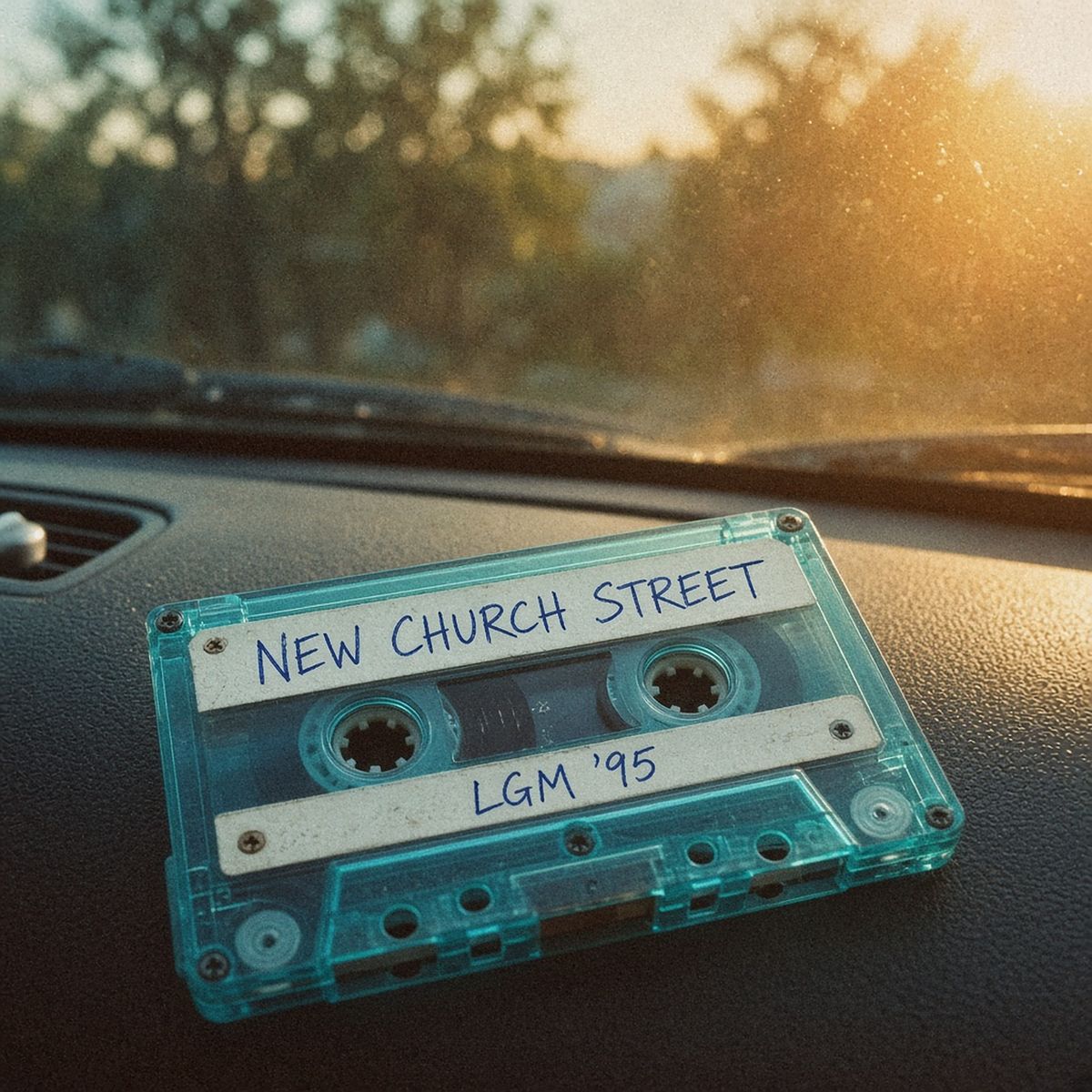 Cover art: a translucent teal cassette labeled 'New Church Street / LGM '95' lying on a car dashboard in golden evening light